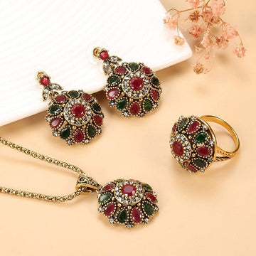 NEW ARRIVAL - Fashion Antique Gold Ethnic Style Crystal Flower Earring Ring Boho Jewellery Sets - The Jewellery Supermarket